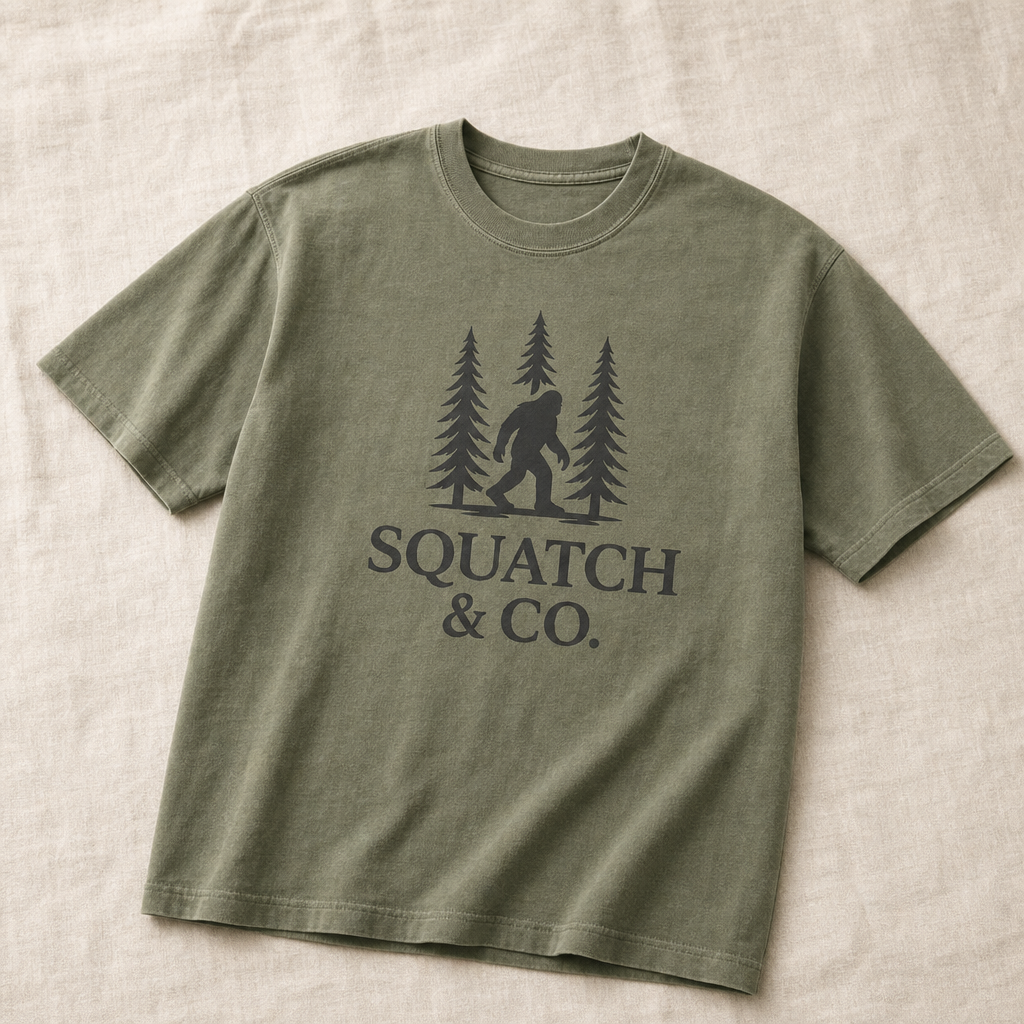 The Heavyweight Tee — Squatch & Co. 6.1oz garment-dyed cotton tee with printed Squatch & Co. logo