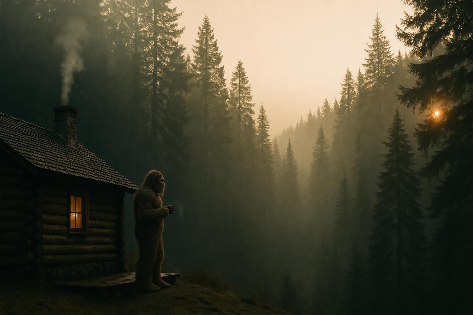 Squatch holding coffee outside a quiet Northwoods cabin at sunrise