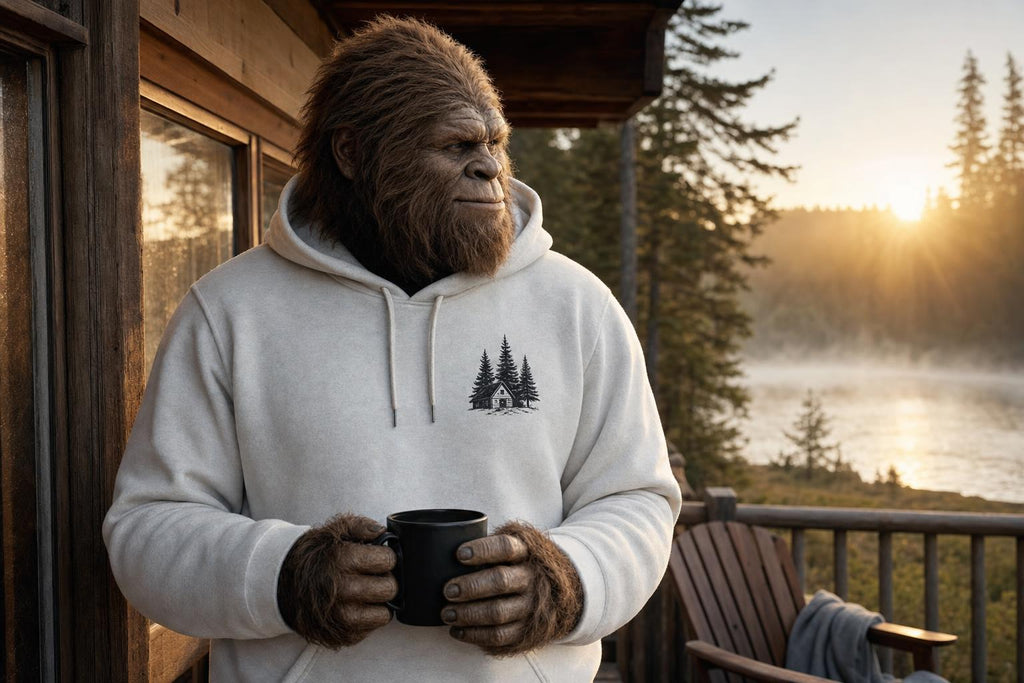 The Quiet Hours Hoodie modeled by Squatch with morning coffee