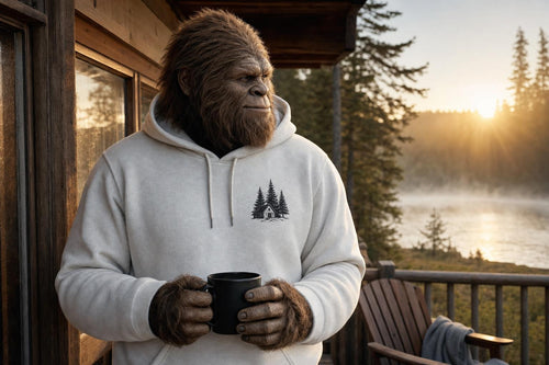 The Quiet Hours Hoodie modeled by Squatch with morning coffee
