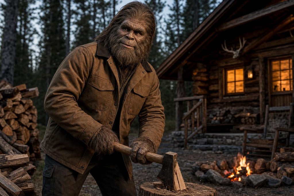 The Northwoods Jacket modeled by Squatch splitting firewood