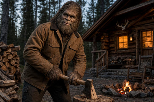The Northwoods Jacket modeled by Squatch splitting firewood