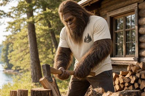 The Heavyweight Tee modeled by Squatch splitting firewood